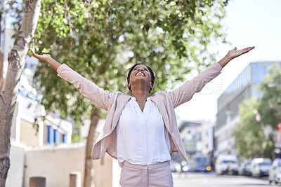 Buy stock photo Freedom, city and businesswoman stretching arms in achievement of success, happiness and motivation. Urban business, power and happy woman in street in winning celebration of promotion, bonus or deal