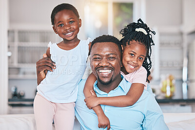 Buy stock photo Father, happy and portrait of black children in home, bonding and relax together. African dad, face smile and kids with care, love and enjoying quality time with family in living room sofa in house