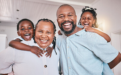 Buy stock photo Portrait, grandmother and grandfather with black kids, smile and family bonding together in home. African grandma, grandpa and face of children with care, love or happy for funny laugh with piggyback