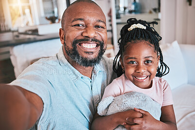 Buy stock photo Grandfather, selfie and portrait of black kid in home living room, bond and relax together. African grandpa, happy and face of girl child with family care, love or smile for profile picture in house