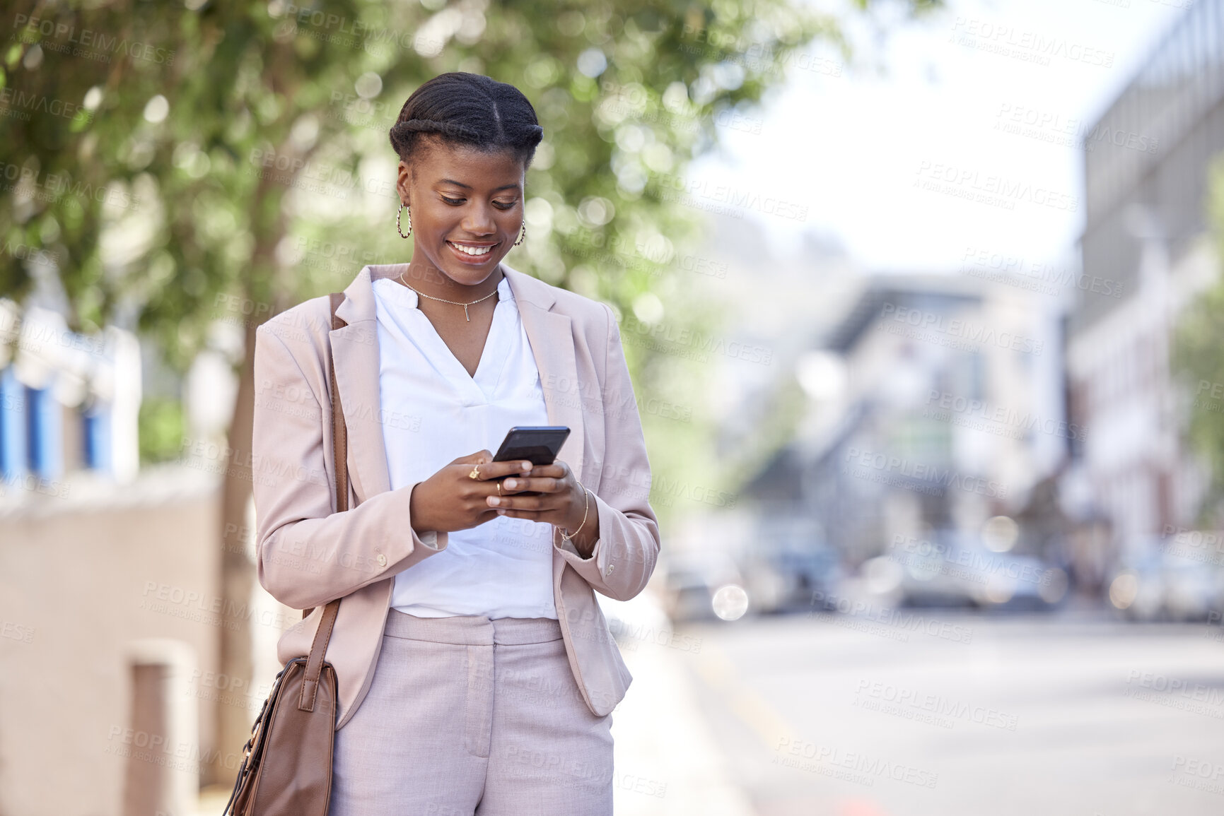 Buy stock photo Business woman, phone and typing outdoor on a city road for communication, network or chat. Black female entrepreneur with a smartphone on a sidewalk for internet connection, message or travel app