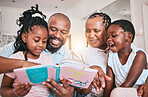 Education, happy kids or grandparents storytelling for learning, child development or bonding at home. Grandmother, black family or grandfather reading book for children with love, smile and support
