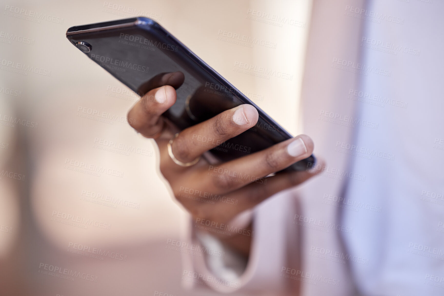 Buy stock photo Woman, hands and phone for communication, networking or online browsing on social media outdoors. Closeup of female person typing, texting or chatting on mobile smartphone app in city or urban town