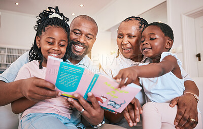 Buy stock photo Education, happy kids or grandparents reading book for learning, child development or bonding at home. Grandmother, black family or grandfather storytelling with children with love, smile and support