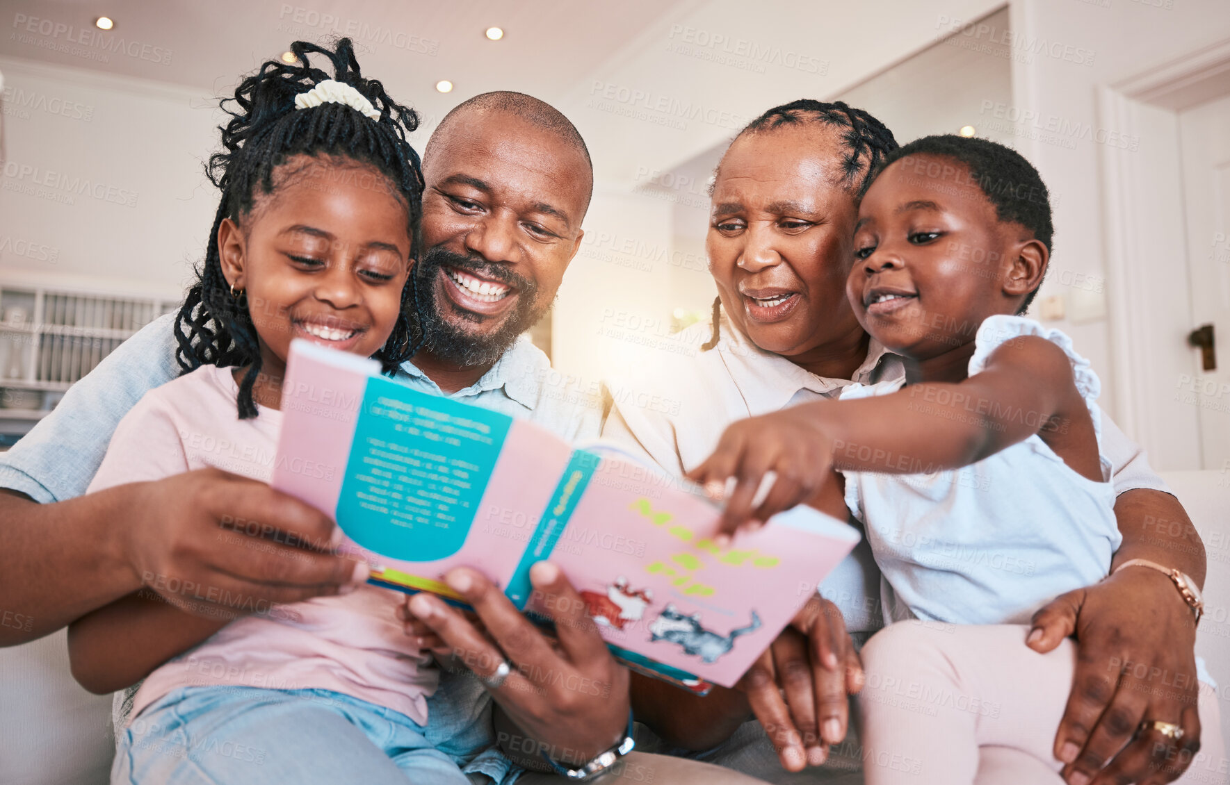 Buy stock photo Education, happy kids or grandparents reading book for learning, child development or bonding at home. Grandmother, black family or grandfather storytelling with children with love, smile and support