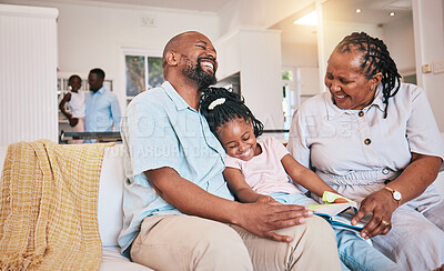 Buy stock photo Laughing, girl or happy grandparents reading book for learning, child development or bonding at home. Funny grandmother, black family or grandfather storytelling with kid with love, smile or support