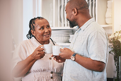 Buy stock photo Love, coffee and morning with black couple in kitchen for happy, relax and peace. Conversation, happiness and date with man and woman drinking tea at home for care, health and marriage together