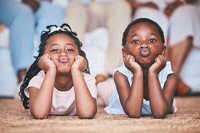 Buy stock photo Relax, girls or portrait of children on the floor, carpet or mat bonding or playing in family home together. Kiss, kids or young African girl siblings resting, playing or enjoying weekend or holiday 