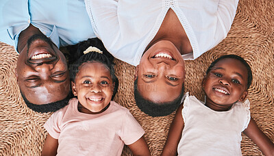 Buy stock photo Above, parents or portrait of happy kids on floor in house or home bonding or playing as a black family. Faces, mother or African father relaxing with kids, girls or siblings with smile, care or love