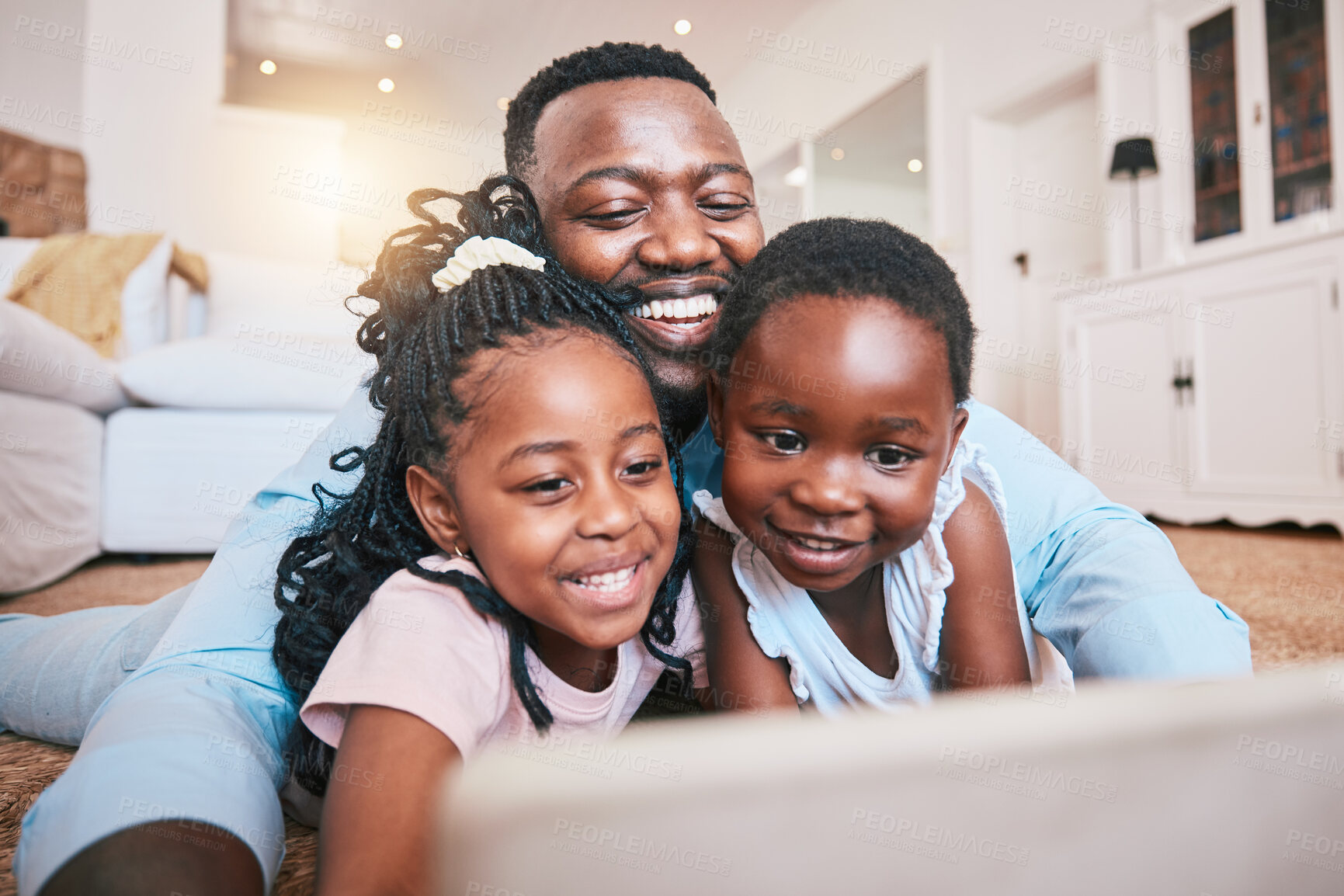 Buy stock photo Online, happy and tablet with black family in living room for streaming, games and elearning app. Digital, technology and internet with man and children at home for movies, education and network