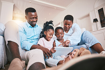 Buy stock photo Relax, streaming and tablet with black family in living room for happy, games and elearning app. Digital, technology and internet with parents and children at home for movies, education and network