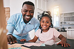 Black man, girl and education, portrait and happy, father helping child with school work at kitchen table. Teaching, learning and support, people at home with academic development and growth