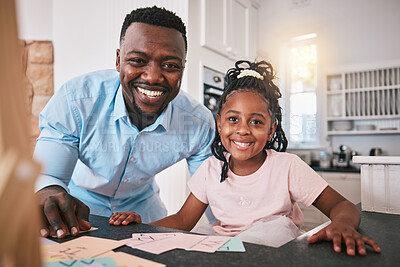 Buy stock photo Black man, girl and education, portrait and happy, father helping child with school work at kitchen table. Teaching, learning and support, people at home with academic development and growth