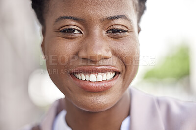 Buy stock photo Smile, face and business woman travel in a city or urban town feeling excited to commute to work or job. Opportunity, happy and portrait of confident female professional employee or corporate worker