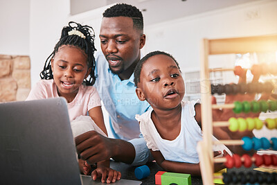 Buy stock photo Black family, laptop and elearning, father and girl children, education and helping with math school work. Teaching, learning and support, black man with young female kids at home in online class 