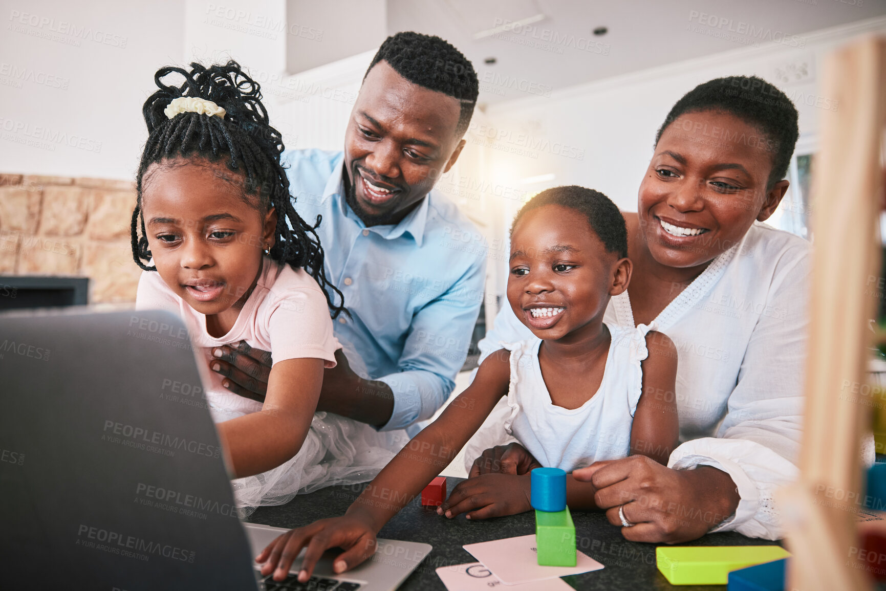 Buy stock photo Black family, laptop and elearning, education and happiness, parents help children with school work. Teaching, learning and support, man and woman with young kids at home, online class and fun