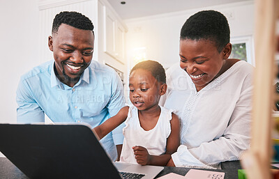 Buy stock photo Teaching, parents and girl with a laptop, home and happy with technology, network or connection. Black family, mother or father with female child or kid with elearning, homeschool or education game