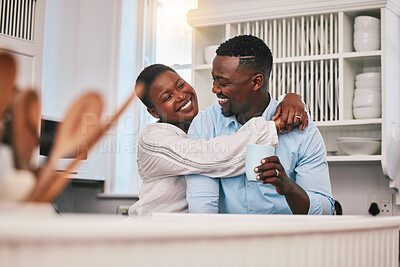 Buy stock photo Coffee, hug or happy black couple in kitchen talking or laughing to relax with love or care at home. Smile, morning or African man speaking to woman with tea drink bonding in conversation together 