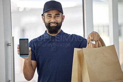 Buy stock photo Courier, man and card machine in portrait for delivery in ecommerce with bags for order. Male person, order and happy face for payment for service with tech for retail or online service at shop.