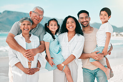 Buy stock photo Grandparents, parents or portrait of children at beach as a happy big family for holiday vacation travel. Grandfather, grandmother or mom with dad or kids siblings in nature at sea bonding together