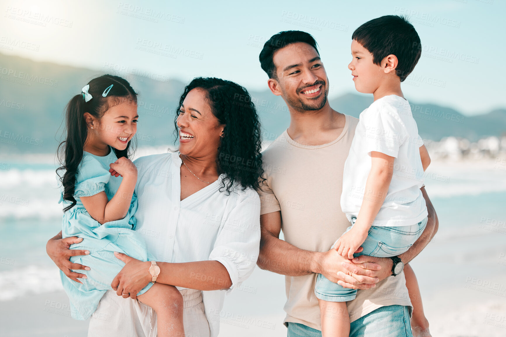 Buy stock photo Family, people and smile on nature beach with parents and children bonding with travel to Mexico. Happiness, man and woman with kids outdoor, love and trust with support while on tropical holiday