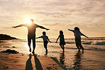 Silhouette, family is running on beach and back view with ocean waves, sunset and bonding in nature. Energy, action people outdoor on tropical holiday and freedom, travel with trust and love 