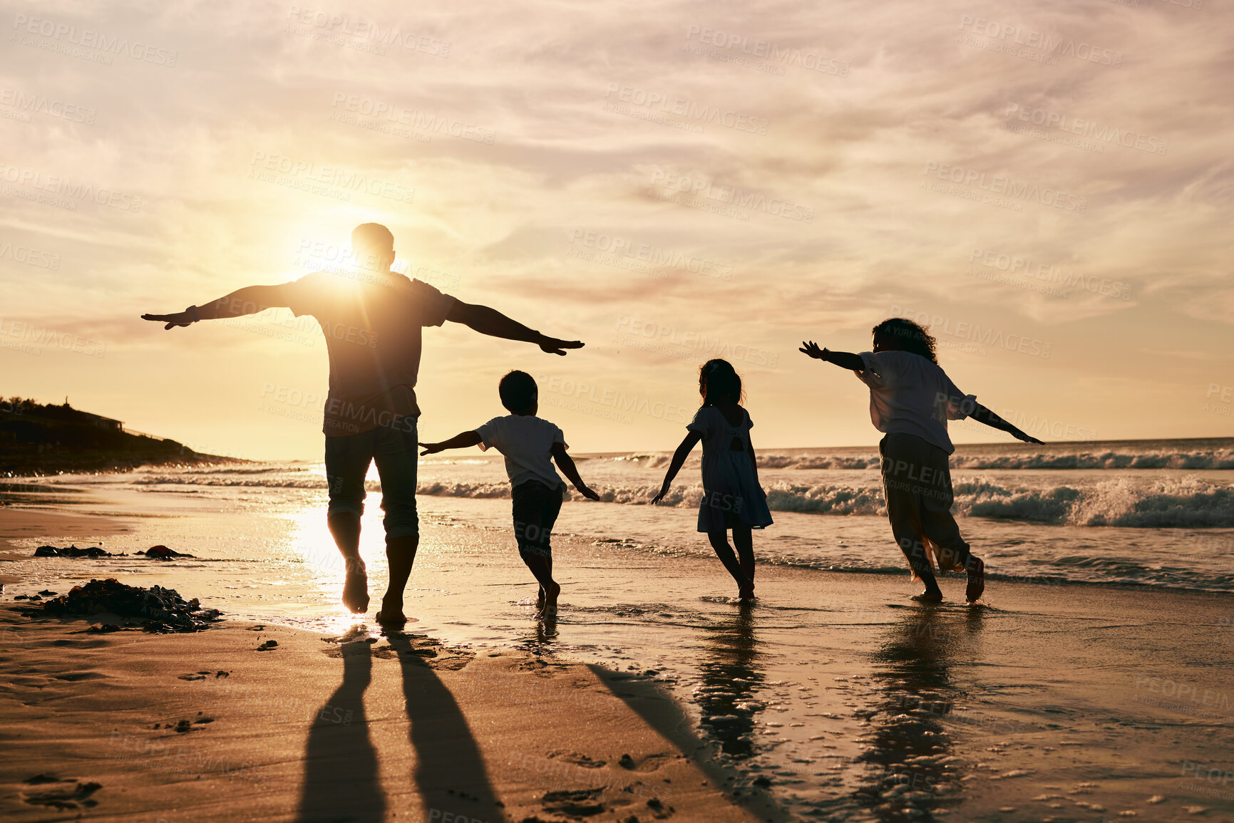 Buy stock photo Silhouette, family is running on beach and back view with ocean waves, sunset and bonding in nature. Energy, action people outdoor on tropical holiday and freedom, travel with trust and love 