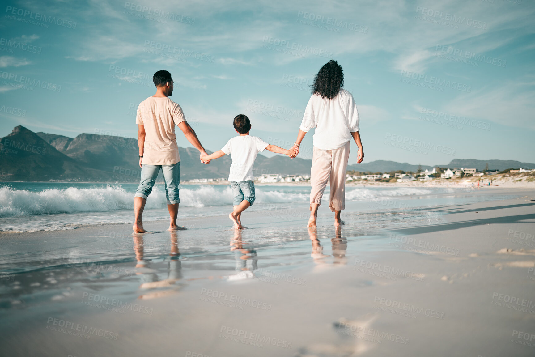 Buy stock photo Holding hands, walking and family and the beach from behind with freedom, vacation and fun at the sea. Ocean, back and  boy child together with parents in Mexico for travel, bond or summer holiday