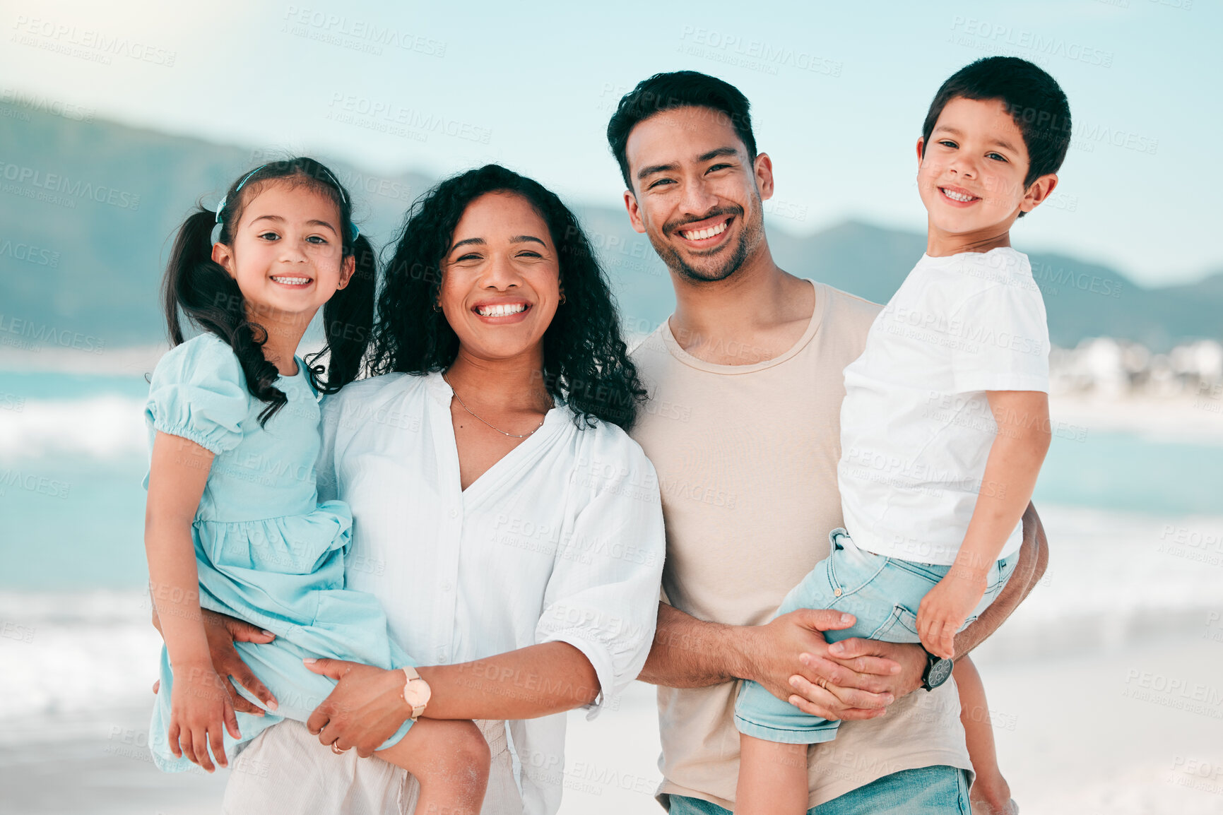 Buy stock photo Family in portrait on beach, parents and children with bonding on holiday, happy people and smile with travel. Mother, father and young kids, tropical vacation in Mexico with love and care outdoor