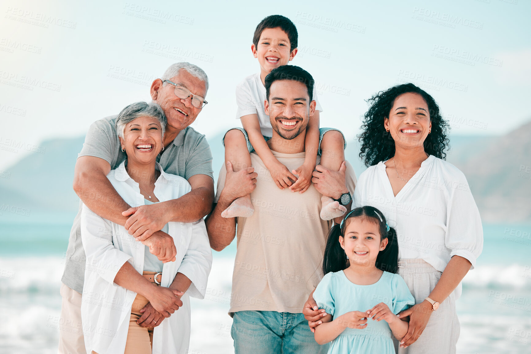 Buy stock photo Grandparents, parents or portrait of happy children at sea as a big family for holiday vacation travel. Grandfather, grandmother or mom with dad or kids siblings in nature at beach bonding together