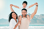 Portrait, happy family and airplane games at a beach with freedom, bond and fun together in nature. Face, love and piggyback by parens and boy child at ocean for travel, holiday and summer vacation