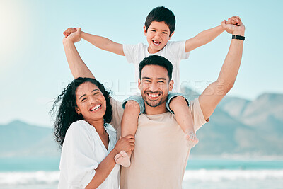 Buy stock photo Portrait, happy family and airplane games at a beach with freedom, bond and fun together in nature. Face, love and piggyback by parens and boy child at ocean for travel, holiday and summer vacation