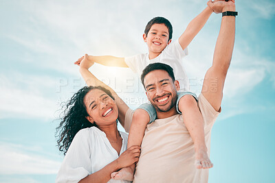 Buy stock photo Happy family, portrait and airplane games at a beach with freedom, bond and fun together on blue sky background. Face, love and piggyback by parents and boy child outdoor for travel, holiday or trip