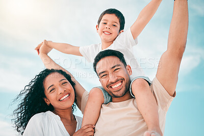 Buy stock photo Family, happy and portrait with airplane games at beach for freedom, bond and fun together on blue sky background. Face, love and piggyback by parents and child outdoor for travel, holiday or trip