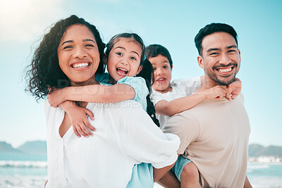 Buy stock photo Family, parents piggyback children on beach and bonding with travel to Mexico, portrait and smile. Happiness, man and woman with kids outdoor, love and trust with hug while on tropical holiday