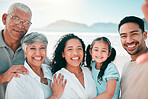 Family selfie, generations and portrait, people on beach with grandparents, parents and children bonding. Happy, men and women with kid outdoor, love and trust with smile in picture on holiday