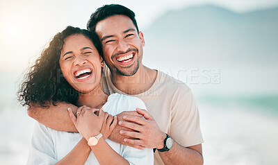 Buy stock photo Love, happy and funny with couple on beach for travel, summer and vacation. Peace, smile and relax with portrait of man and woman hugging on date for seaside holiday, care and mockup space