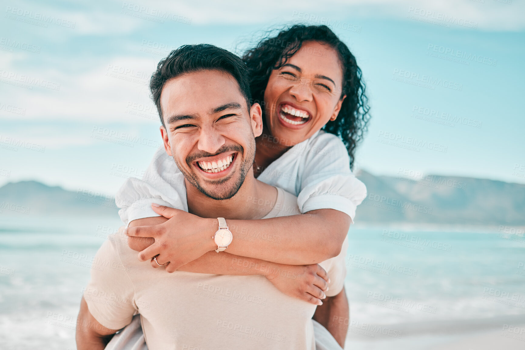 Buy stock photo Love, portrait and piggyback with couple on beach for travel, summer and vacation together. Peace, smile and relax with man and woman hugging on date for seaside holiday, care and mockup space