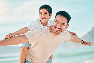 Buy stock photo Airplane, smile and father with boy child at a beach with freedom, fun and bonding in nature. Flying, love and happy parent with kid at the ocean for travel, playing and piggyback games in Bali