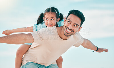 Buy stock photo Airplane, smile and father with girl child at a beach with freedom, fun and bonding in nature. Flying, love and happy parent with kid at the ocean for travel, playing and piggyback games in Miami