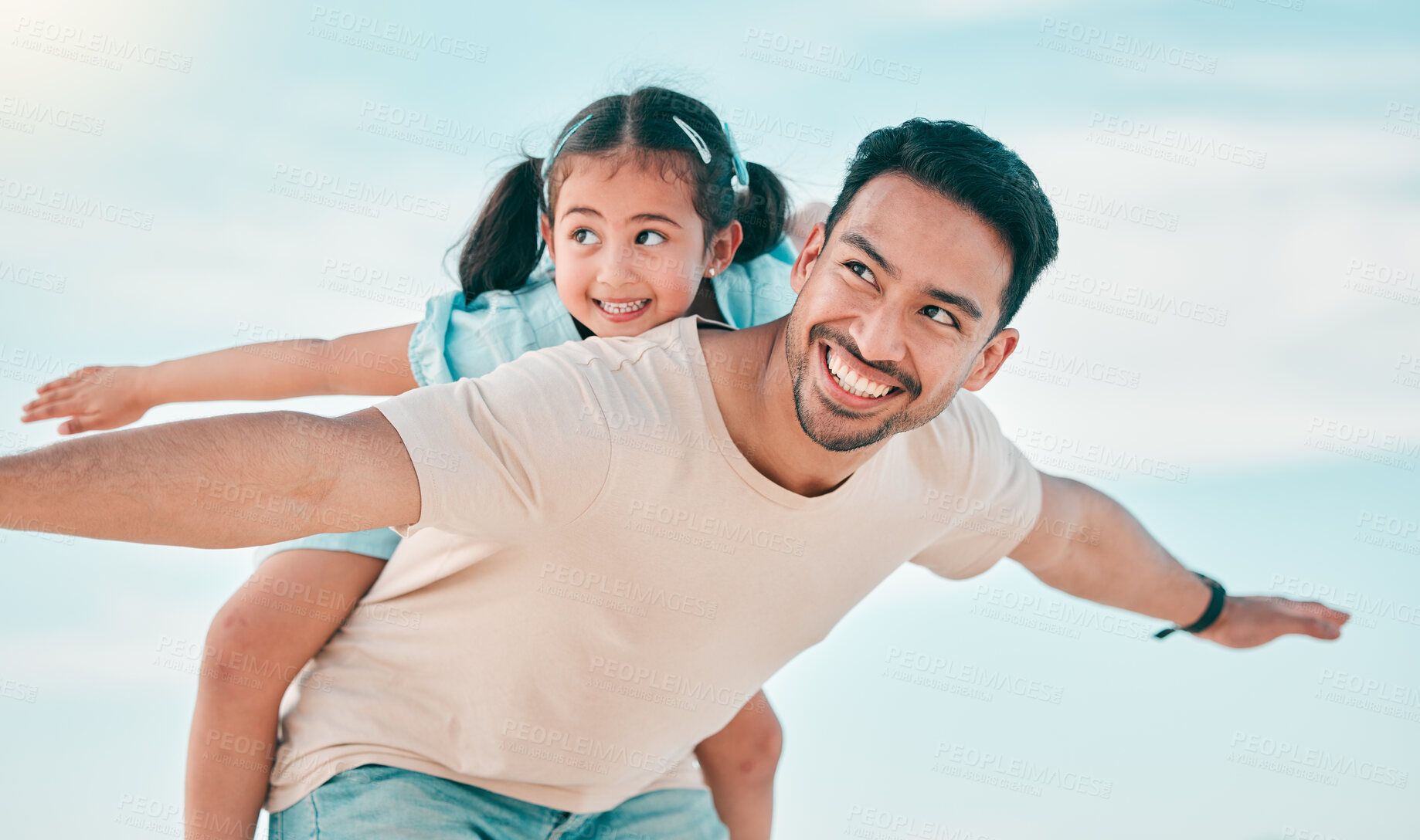 Buy stock photo Airplane, smile and father with girl child at a beach with freedom, fun and bonding in nature. Flying, love and happy parent with kid at the ocean for travel, playing and piggyback games in Miami