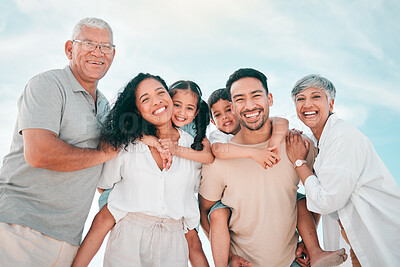 Buy stock photo Grandparents, big family or portrait of happy kids with parents in nature for holiday vacation travel. Grandfather, grandmother or low angle of mom with dad, smile or kids siblings bonding together 