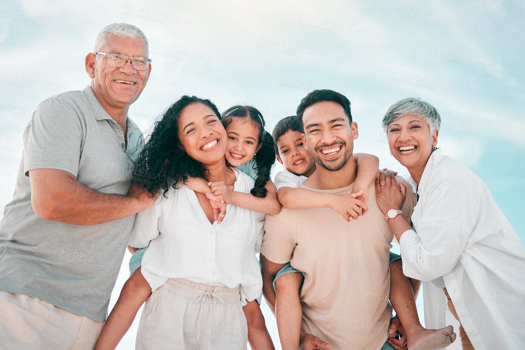 Buy stock photo Grandparents, big family or portrait of happy kids with parents in nature for holiday vacation travel. Grandfather, grandmother or low angle of mom with dad, smile or kids siblings bonding together 