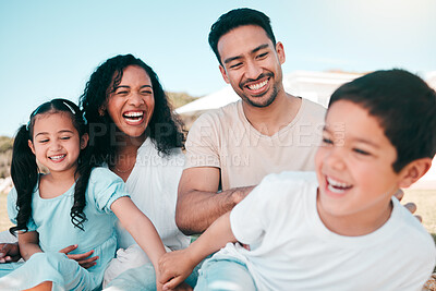 Buy stock photo Park, funny and family with happiness, quality time and cheerful with love, fun and playful on holiday. Parents, mother and father with children, kids or relax on vacation, outdoor and laugh on break