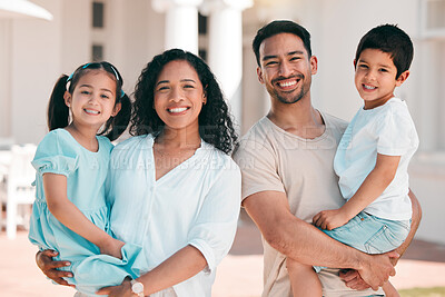 Buy stock photo Happy, family and portrait of parents with kids outdoor at house, home or backyard in summer or happiness on holiday. Man, woman and children with smile on face for bonding, quality time or vacation