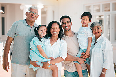 Buy stock photo Happy, big family and portrait of parents, kids and grandparents outdoor at house, home or backyard in summer. Man, woman and children with senior people with smile on face for quality time together