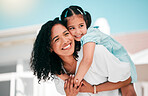 Happy, airplane and mom with her kid in the garden outdoor their family home for adventure. Playful, smile and young mother carrying her girl child on his back while bonding and playing together.