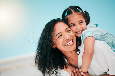 Buy stock photo Love, piggyback and mother with her girl child in the outdoor garden at their family home. Happy, smile and young mom carrying her kid on his back while bonding and playing together in the backyard.