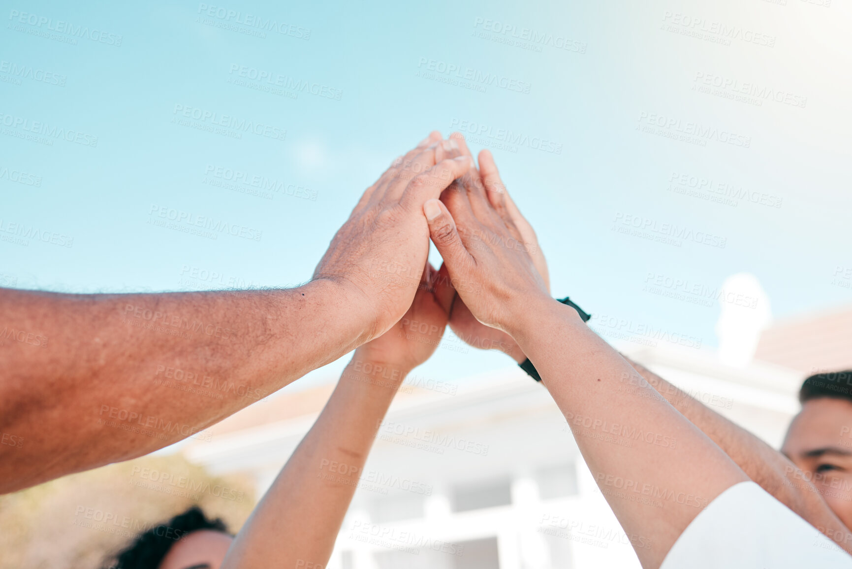 Buy stock photo Business people, high five and hands in support of partnership, success or deal celebration outdoor. Team building, teamwork and group celebrating collaboration, motivation or goal, vision or target