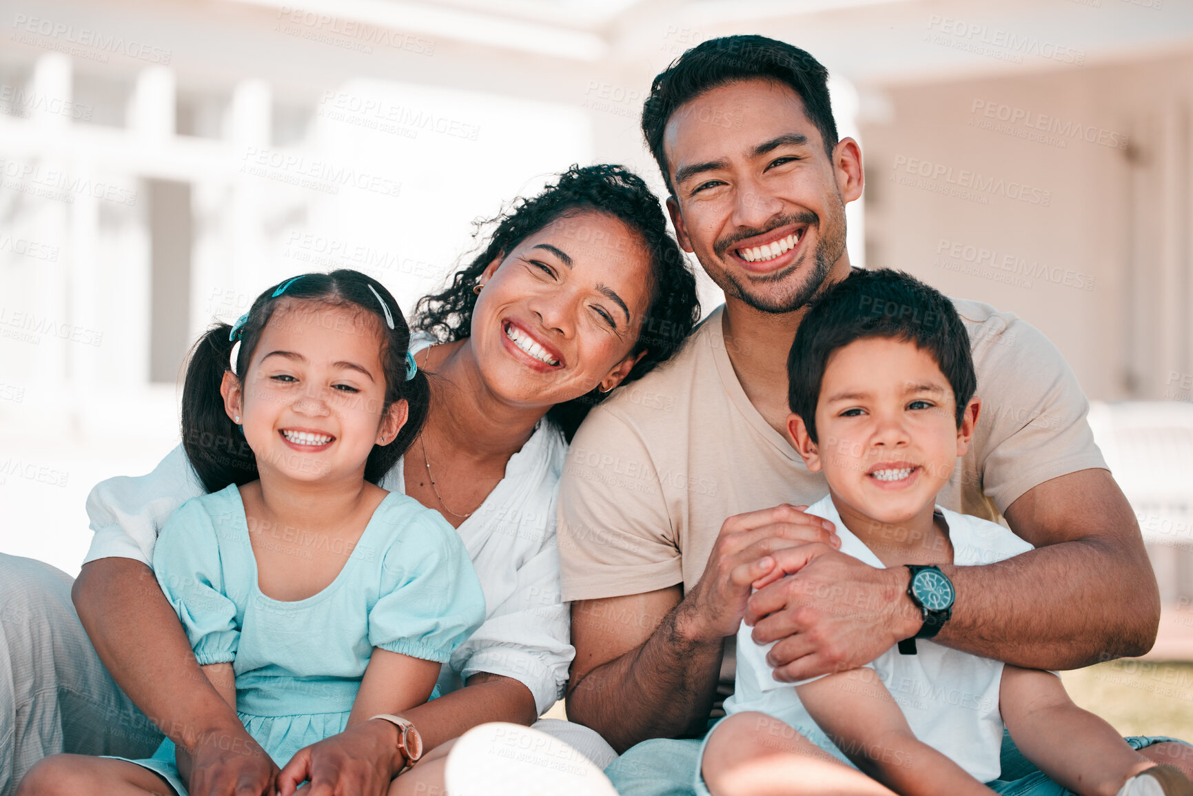 Buy stock photo Portrait, family and happy parents with kids outdoor at house, home or backyard in summer or happiness on holiday. Man, woman and children with smile on face for bonding, quality time or vacation